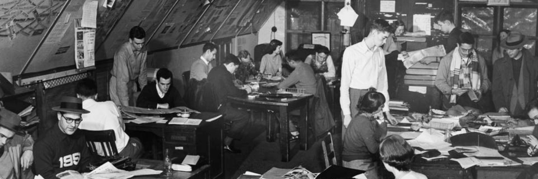 Students work at their desks at the Indiana Daily Student in 1950.
