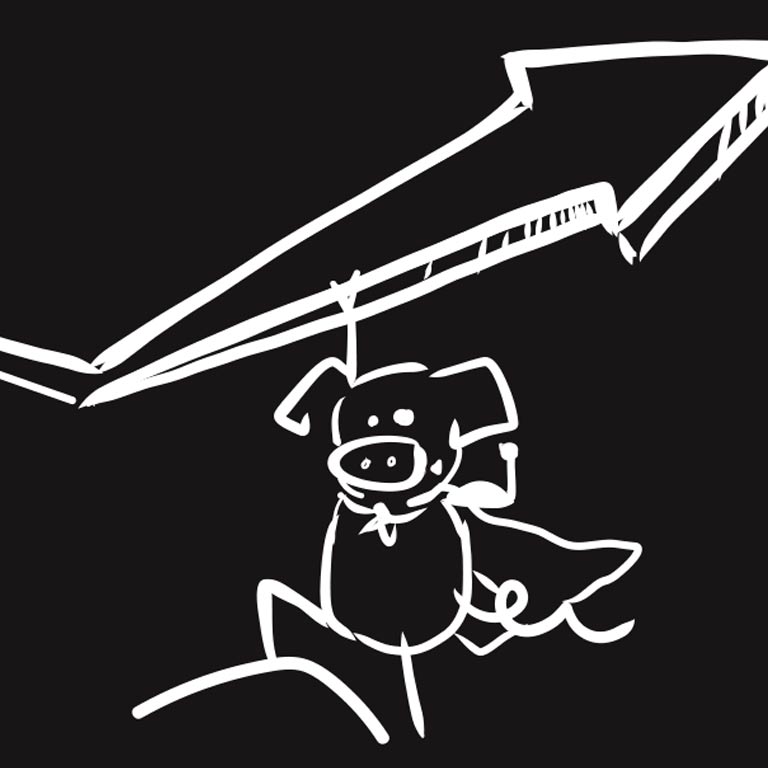 A pig in a cape holds onto a rising cost arrow.