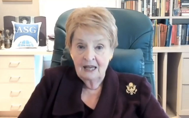 Former U.S. Secretary of State Madeleine Albright speaks to a Zoom call. She wears a black blazer.