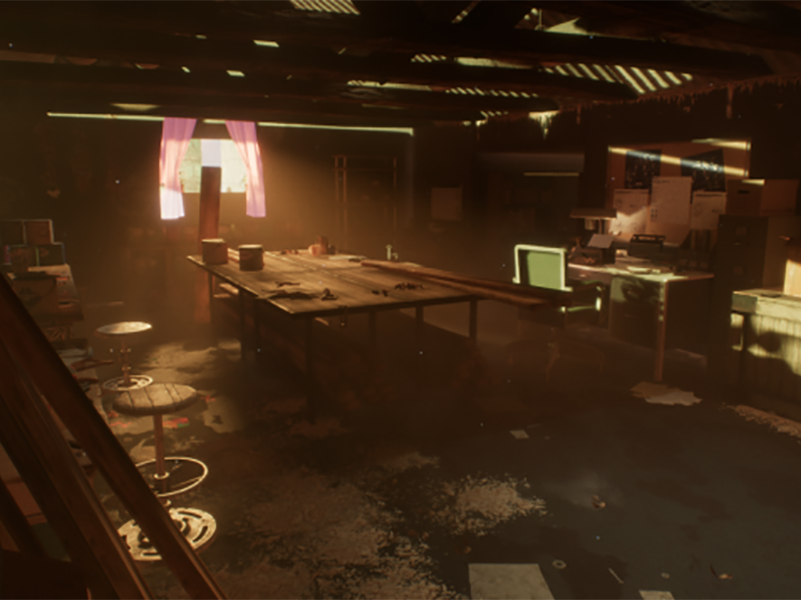 A screenshot from a student film. Shows interior of messy building in sepia tones. 