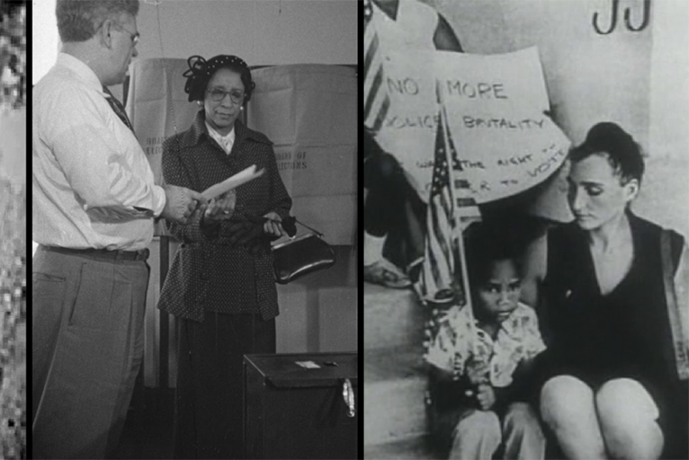 Archival photos of people protesting police brutality.