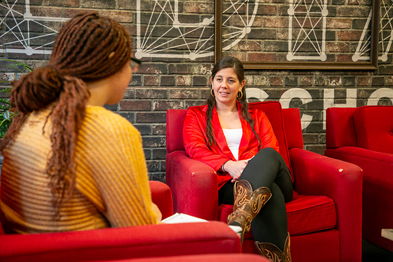 Stephanie Kuzdym talks to an interviewer.