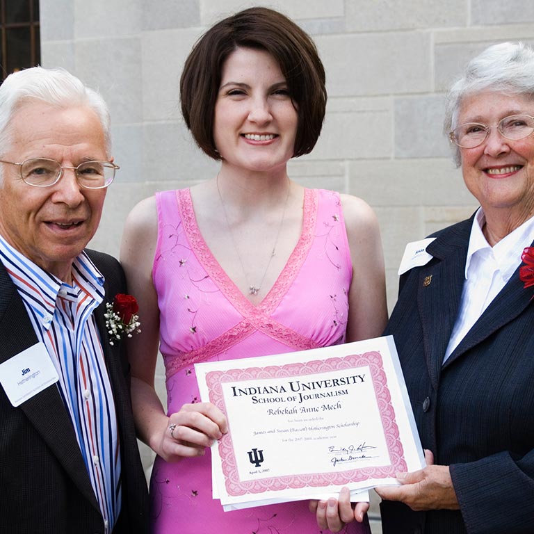 James and Susan Hetherington with a recipient of their scholarship